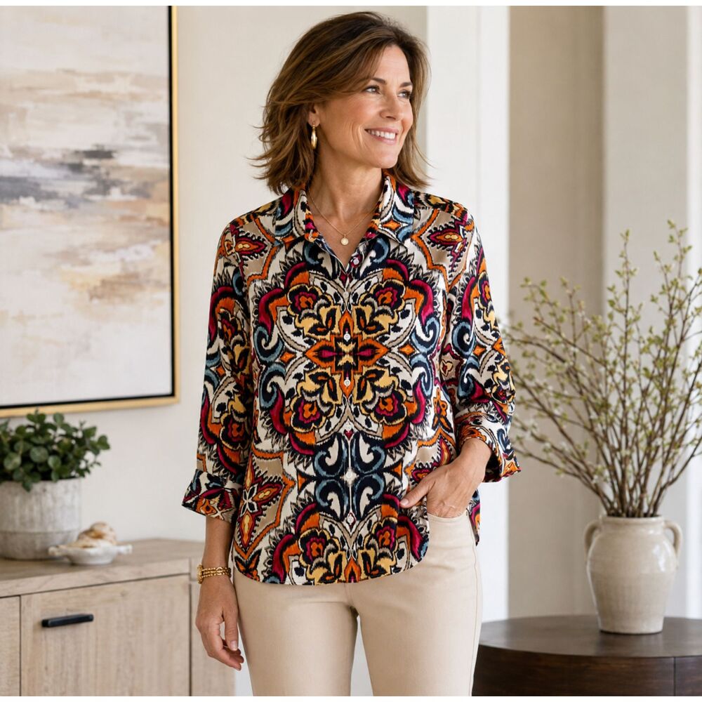 Chico's Size 3.5 No Iron 100% Cotton Vibrant Abstract Print Button Shirt Top #15